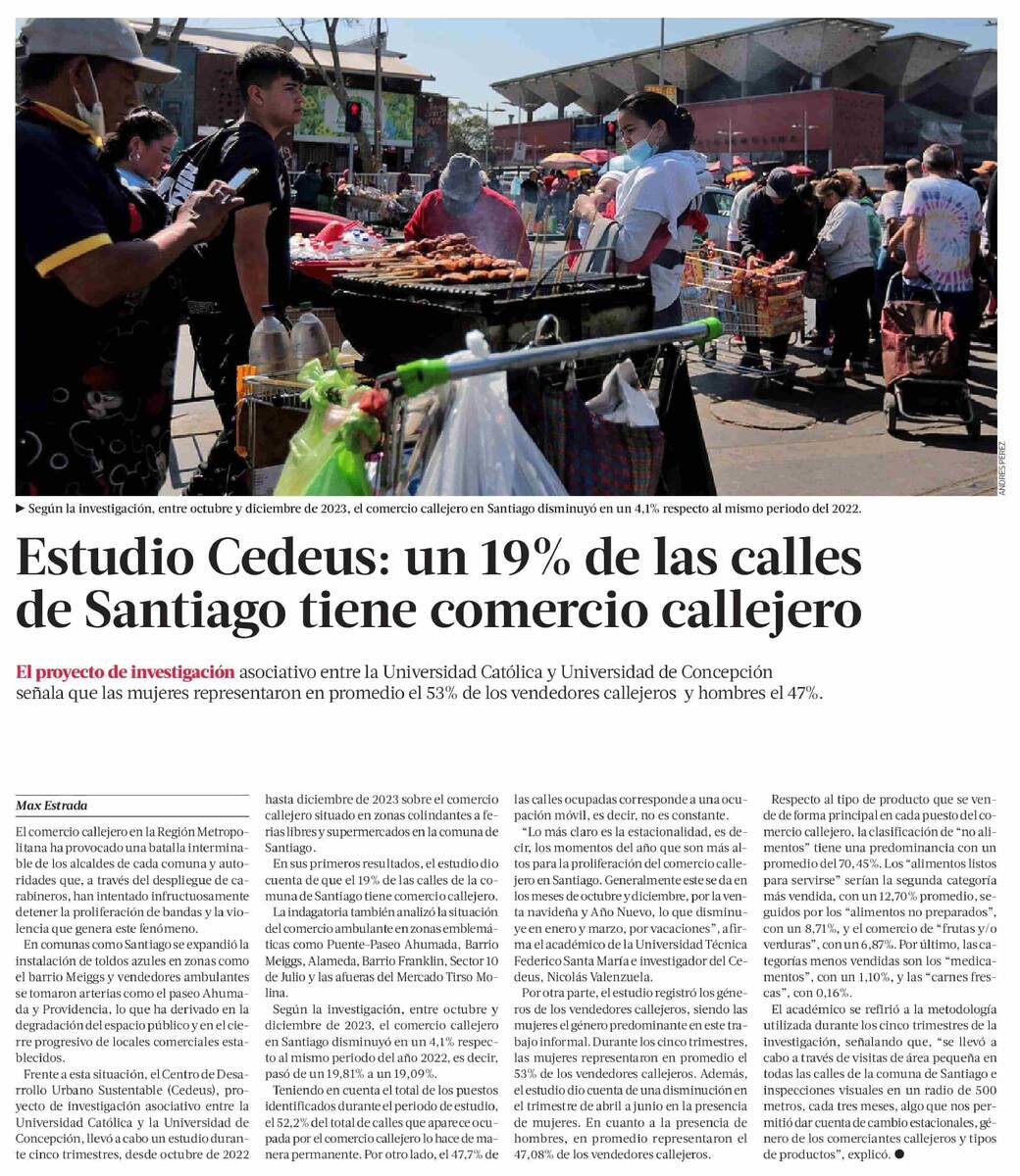 PRENSA I  Estudio CEDEUS: un 19% de las calles de Santiago tiene comercio callejero