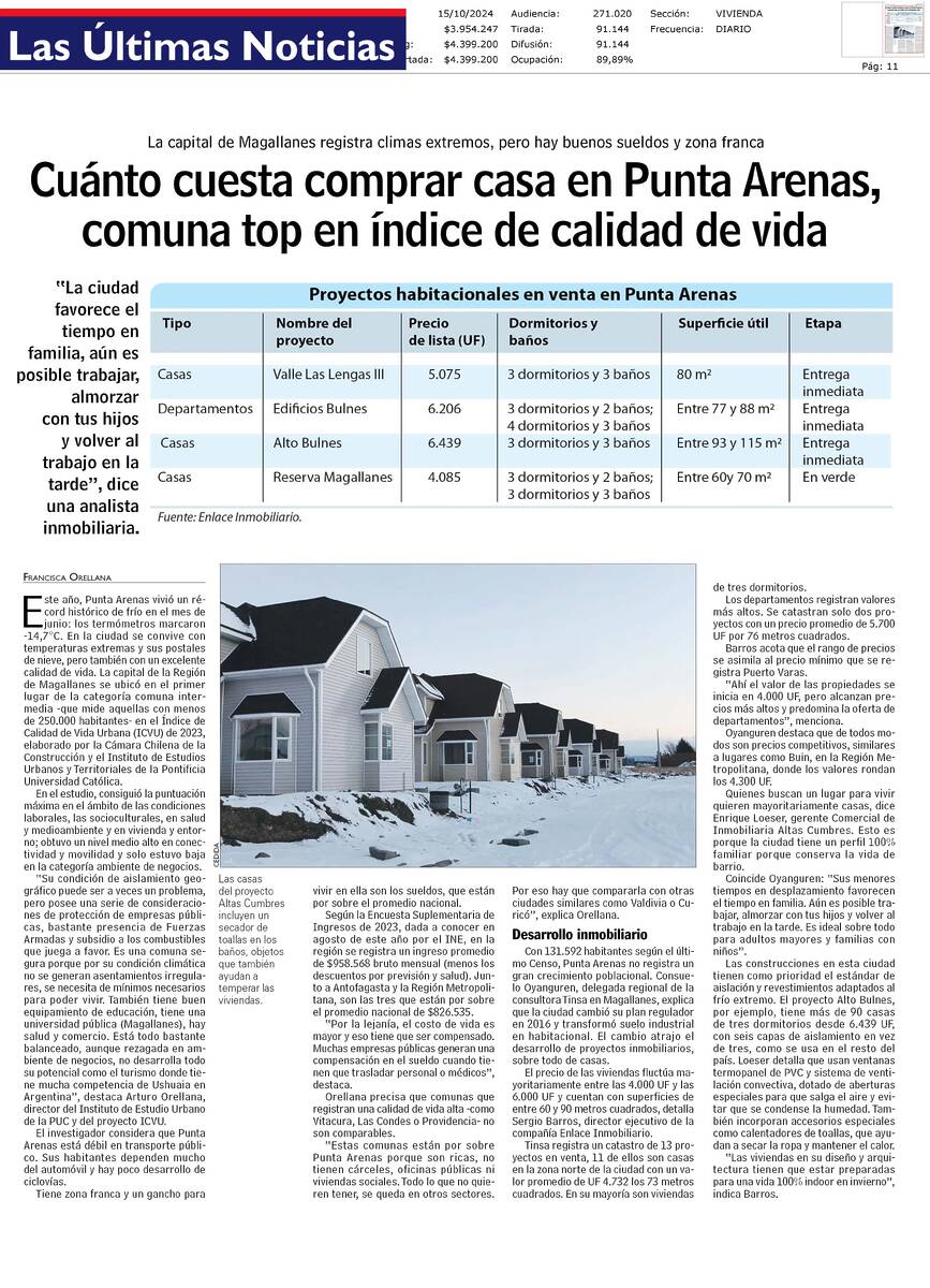 PRENSA I Cuento cuesta comprase una casa en Punta Arenas, comuna top en índice de calidad de vida